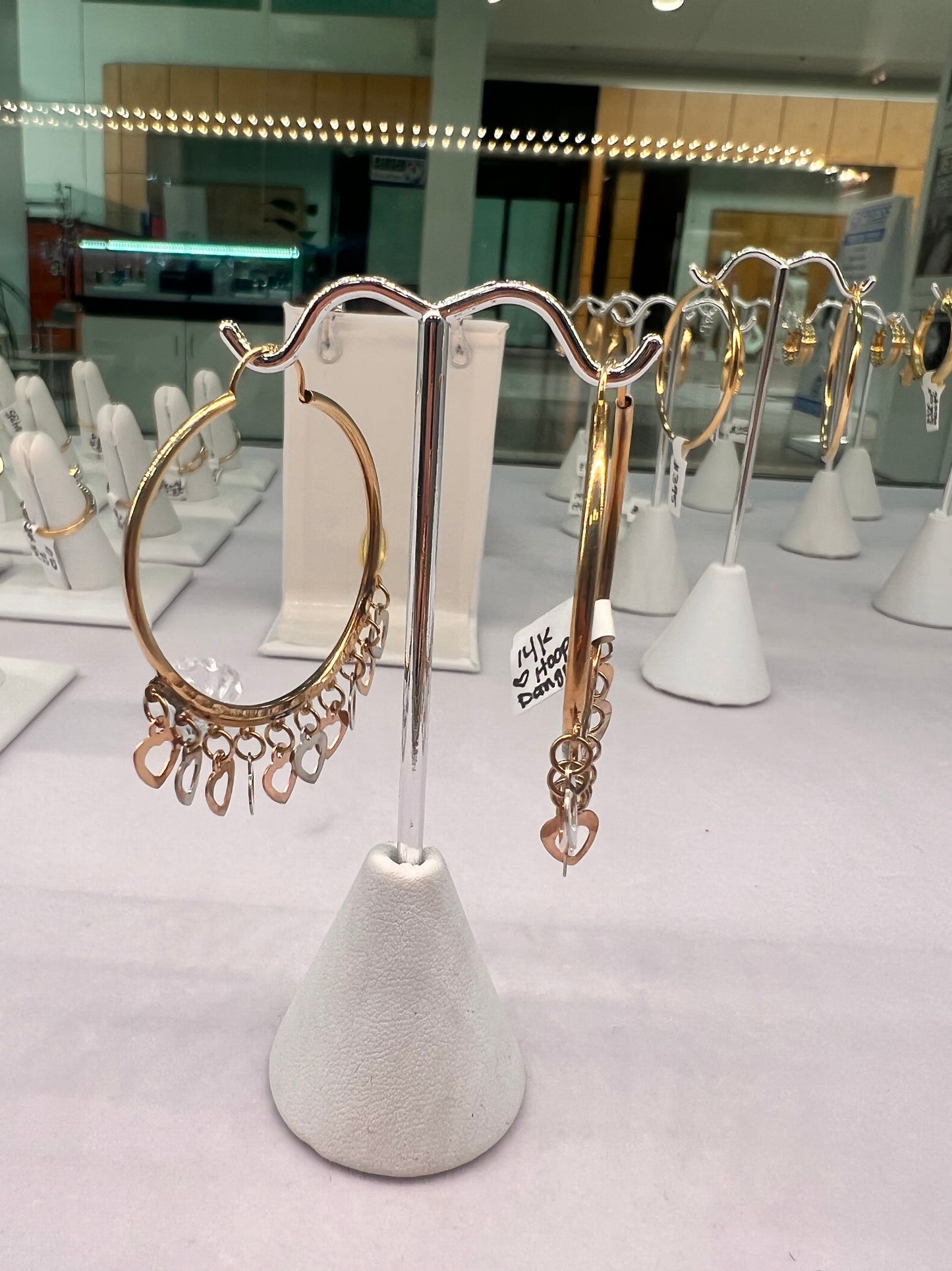 14K Heart Dangle Hoops