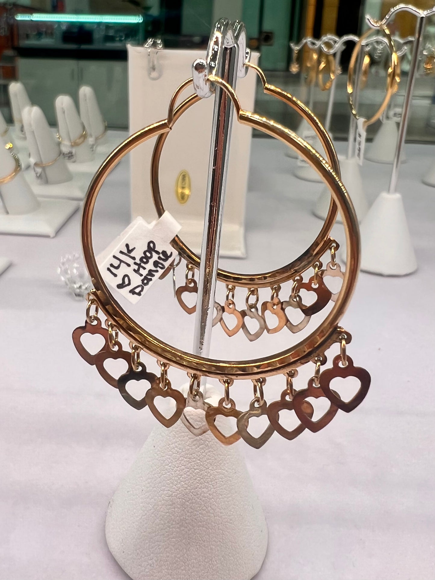 14K Heart Dangle Hoops