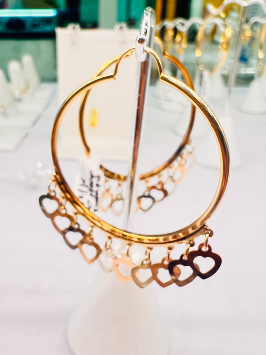 14K Heart Dangle Hoops